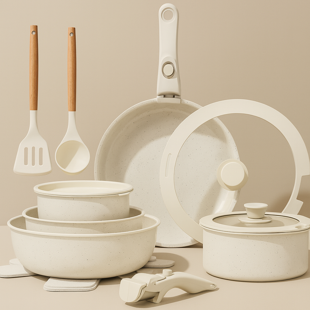 17-delars Non-stick Grytset & Stekpanneset med Avtagbart Handtag Keramisk Beläggning för Induktion & Ugn