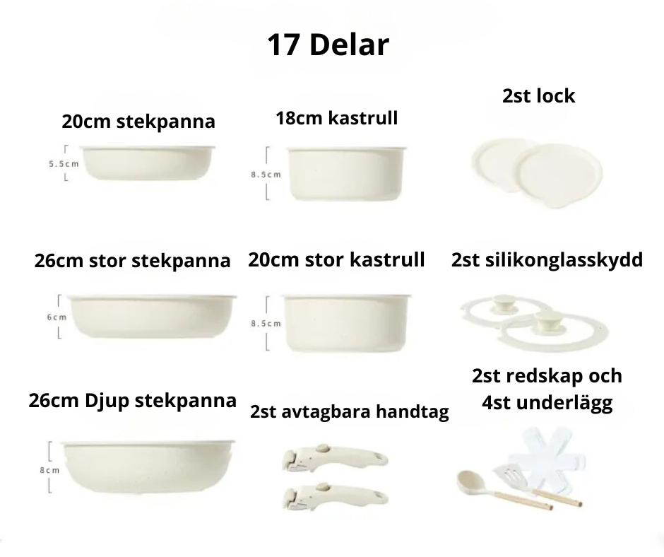 Induction & Oven Ceramic Cookware Set by Grytset - 17-piece Non-stick Set with Detachable Handles.