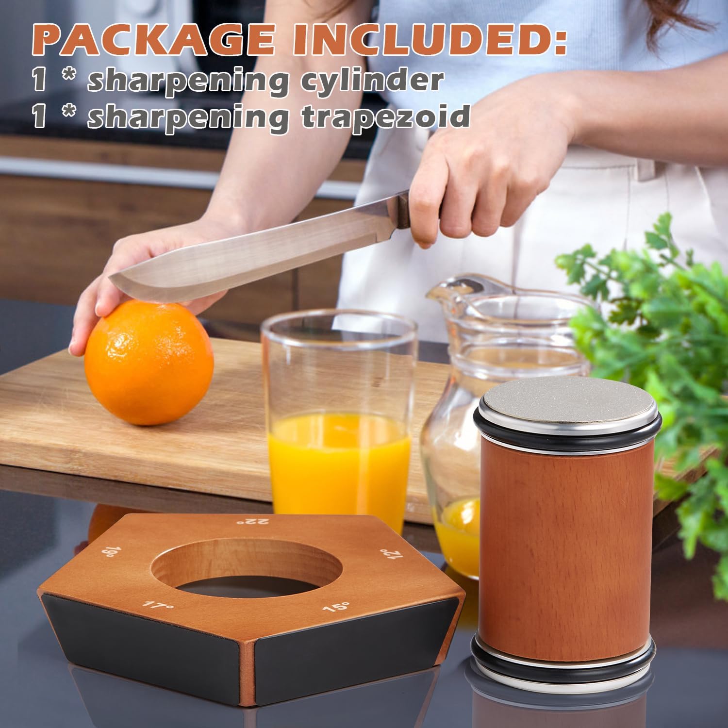 Frau schärft Messer mit Holzschärfer, Küche, Orangen, Saft, modernes Design.