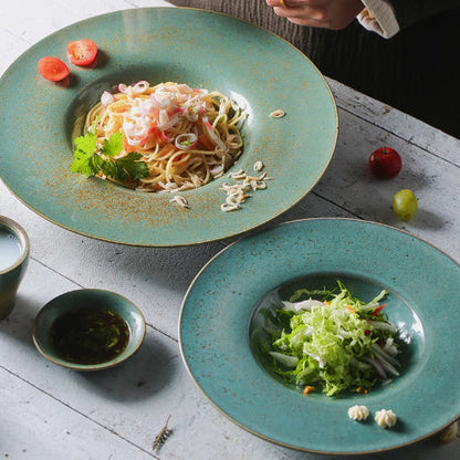 25cm deep plate made of vintage green ceramic, perfect for serving pasta, salad and dinner