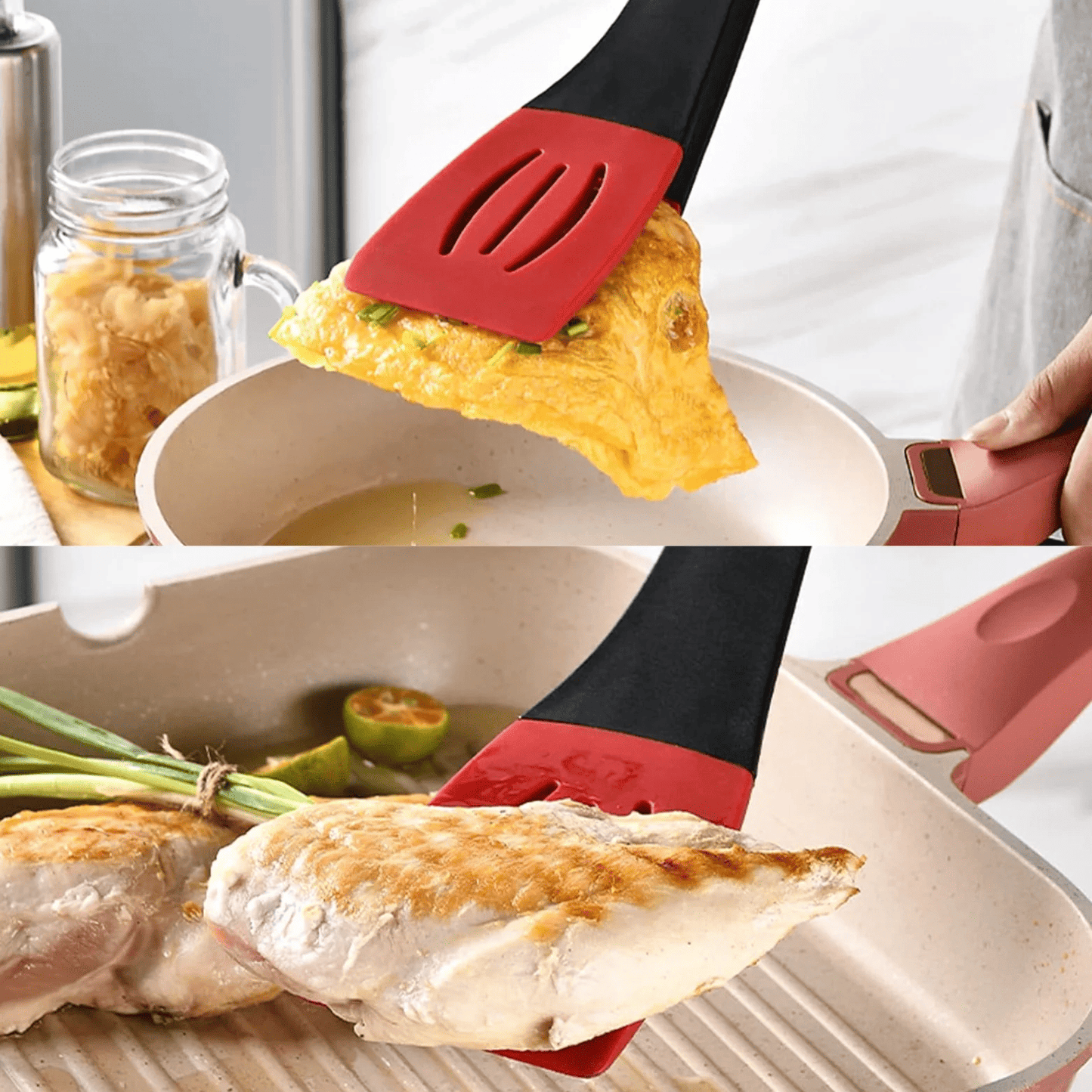 3‑i‑1 Köksredskap – Värmetålig Silikonspatel, Serveringstång för Matlagning och Grill