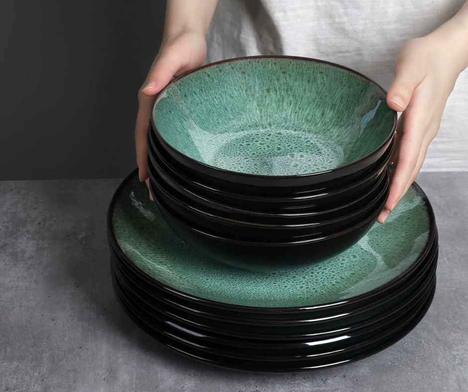 Keramik dinner plates 6-pack, green deep plates with reactive glaze, 26 cm diameter