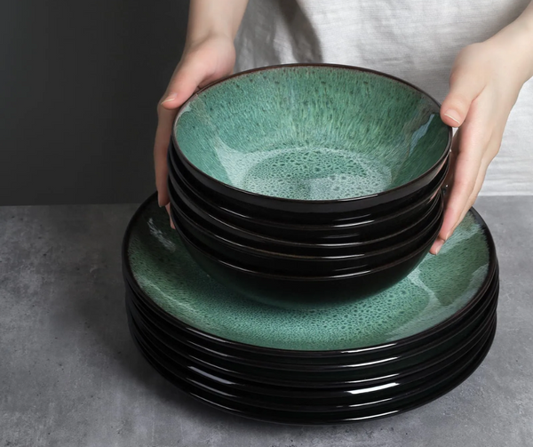 Keramik dinner plates 6-pack, green deep plates with reactive glaze, 26 cm diameter