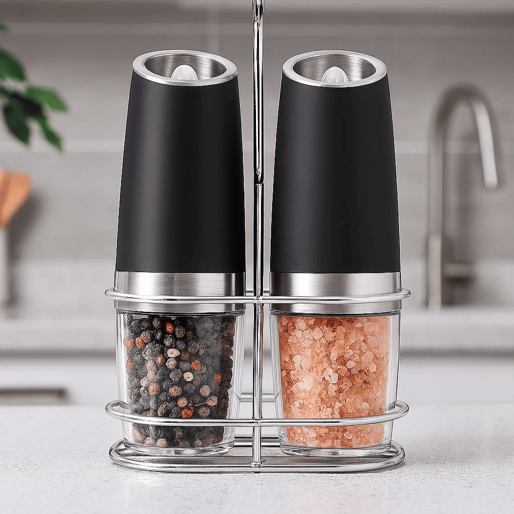 Elektrisk salt- och pepparkvarn med automatiserad dosering och LED-ljusindikation