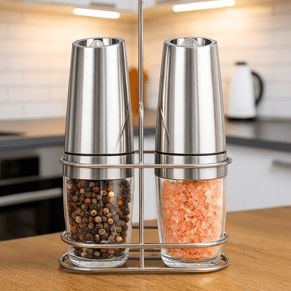 Elektrisk Salt- och Pepparkvarn i Set – Automatisk, Justerbar, Med LED-ljus & Ställ