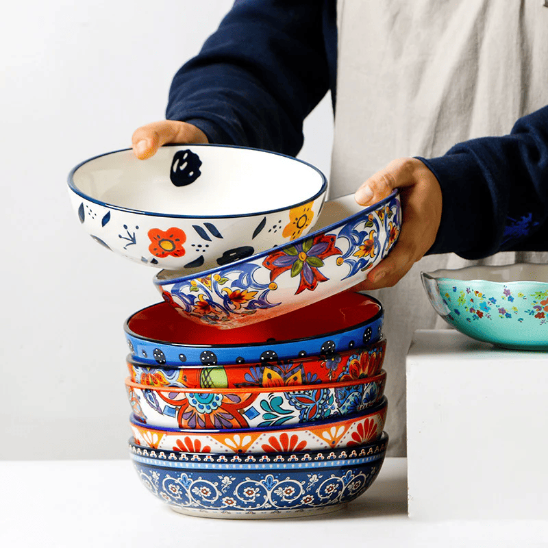 Färgglada Handmålade Keramikskålar – Set med Orientaliska Mönster för Servering