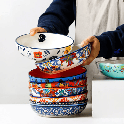 Färgglada Handmålade Keramikskålar – Set med Orientaliska Mönster för Servering