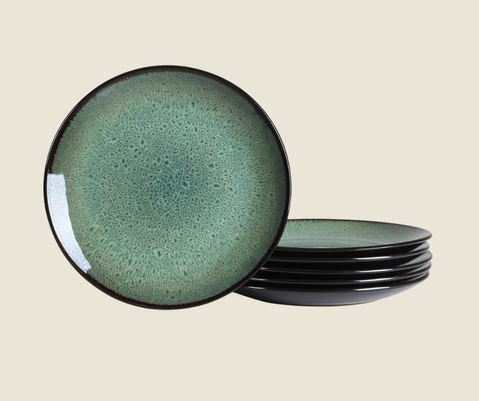 Ceramic dinner plates 6-pack, green deep reactive plates, 26 cm diameter for serving and cooking