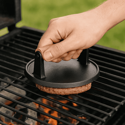 Gjutjärns köttpress med trähandtag - klassiskt grillverktyg för robust grillning