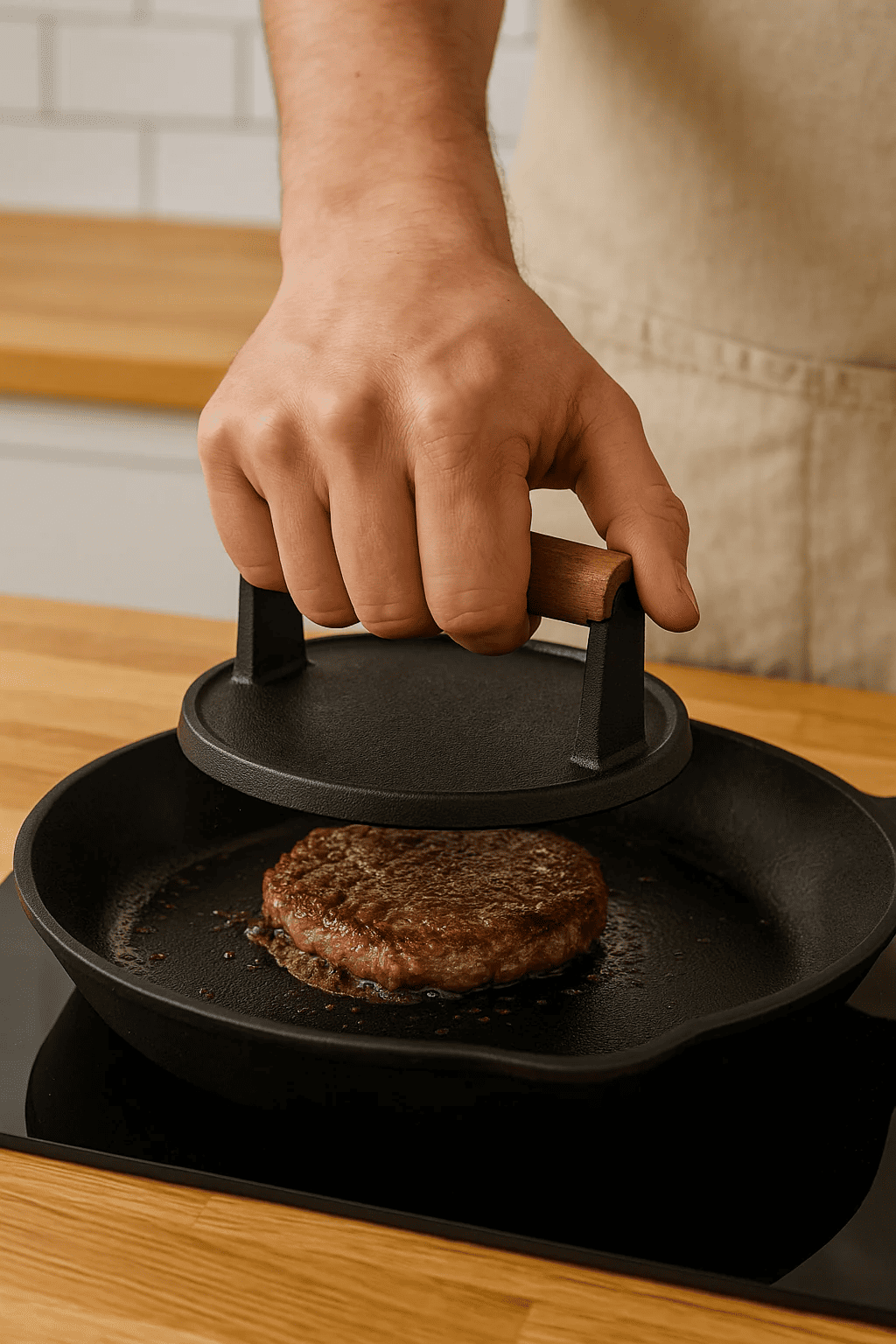 Köttpress med trähandtag i klassiskt design - perfekt för grillning och köttförberedelse