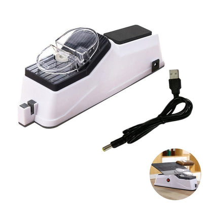 Elektrischer Bleistiftspitzer USB-betrieben, weiß, mit transparentem Behälter und Kabel.