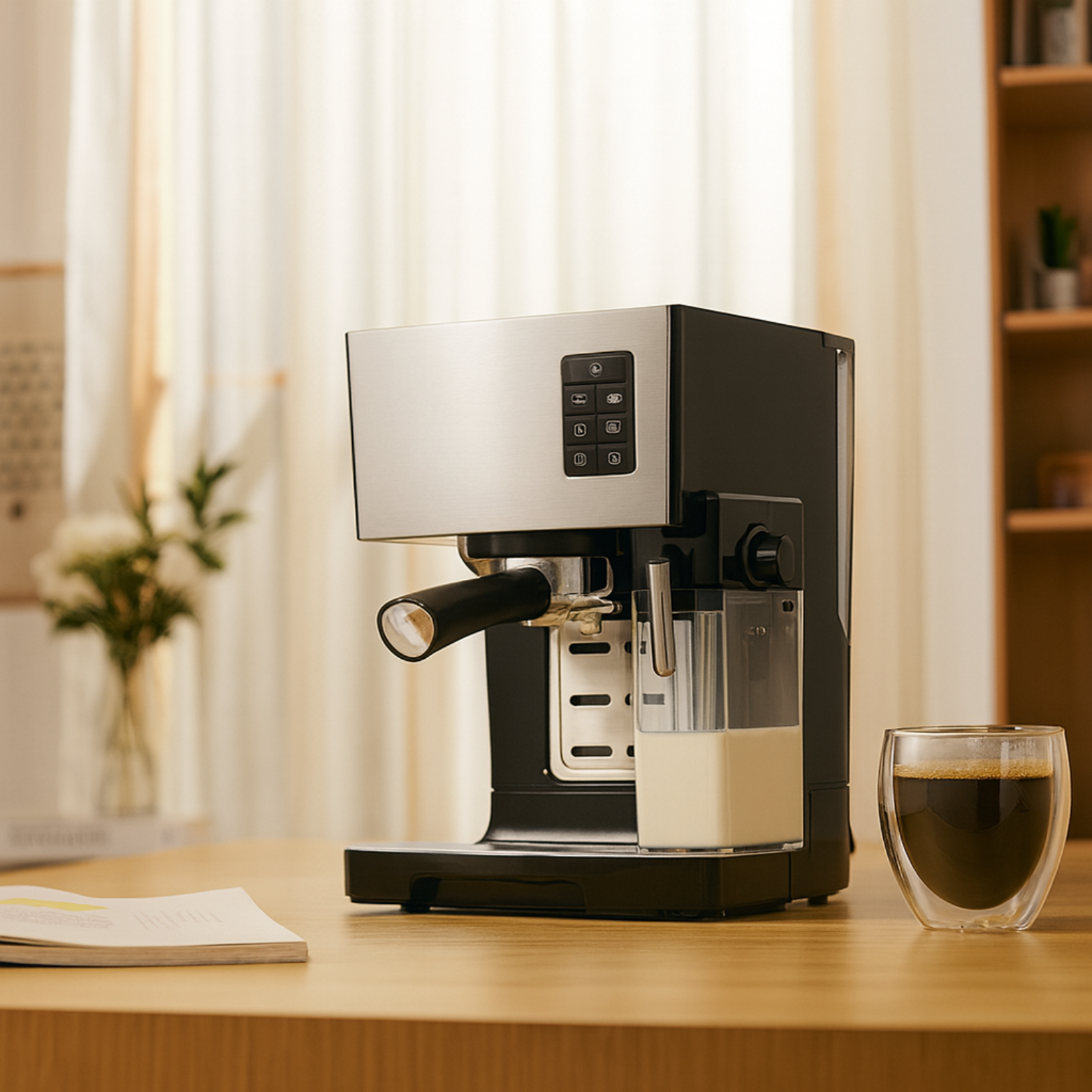 Helautomatisk Kaffemaskin med Mjölkskummare – 2 Filter, Latte & Espresso – Rostfritt Stål – 20 Bar