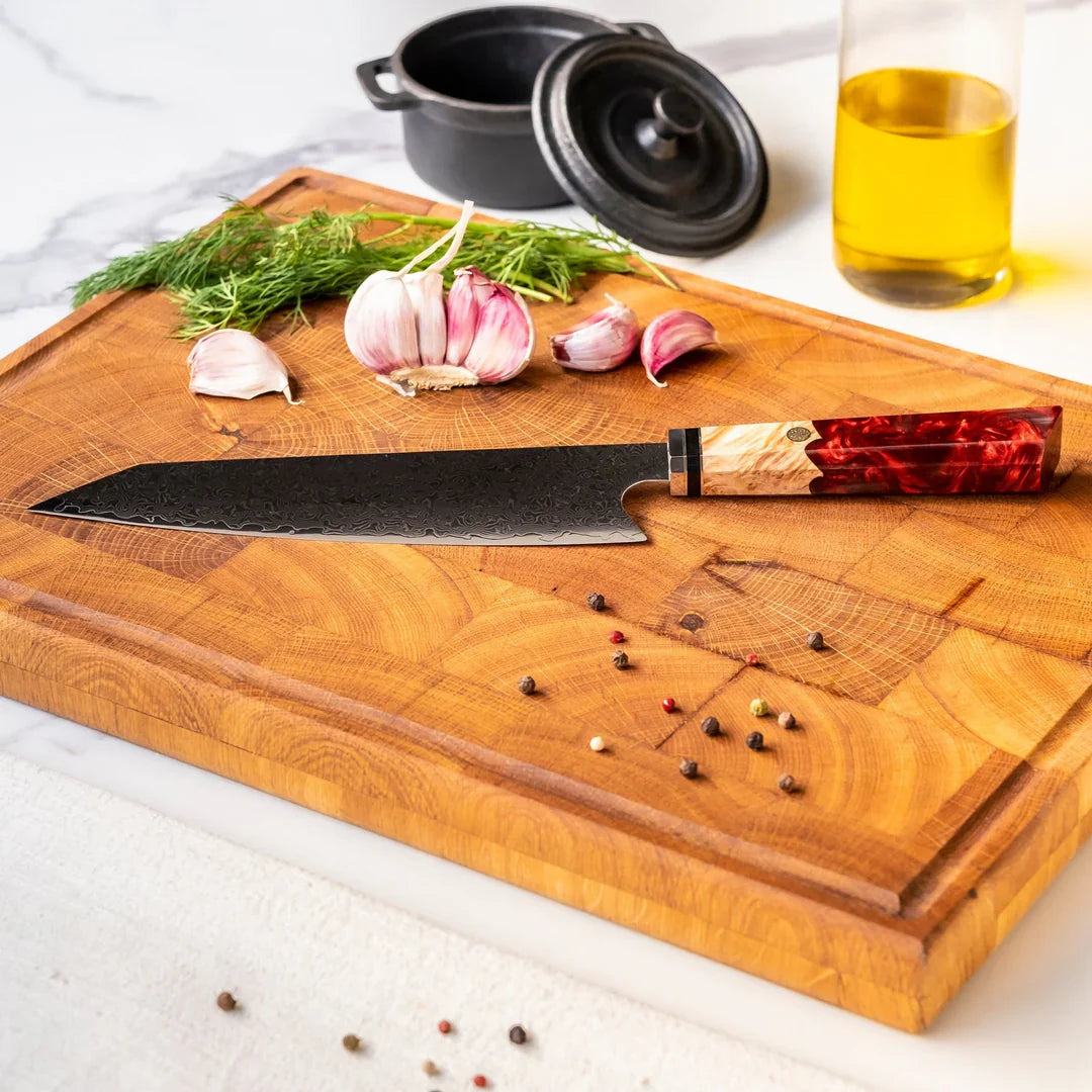 Japansk Kökskniv i Damaskusstål – Professionell Handgjord Kockkniv med Blått Handtag, 8 Tum