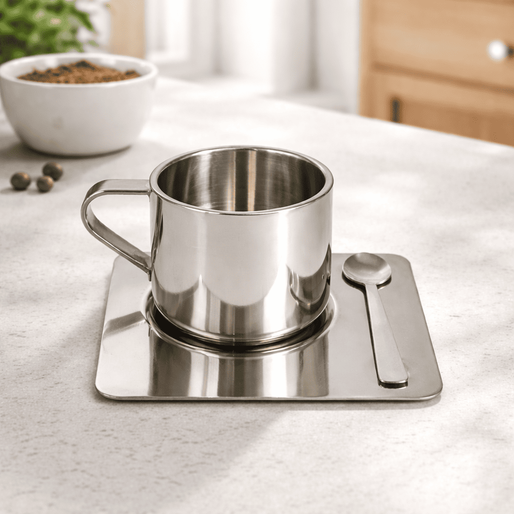 Kaffekopp i rostfritt stål med fat – Modern kaffemugg 170 ml