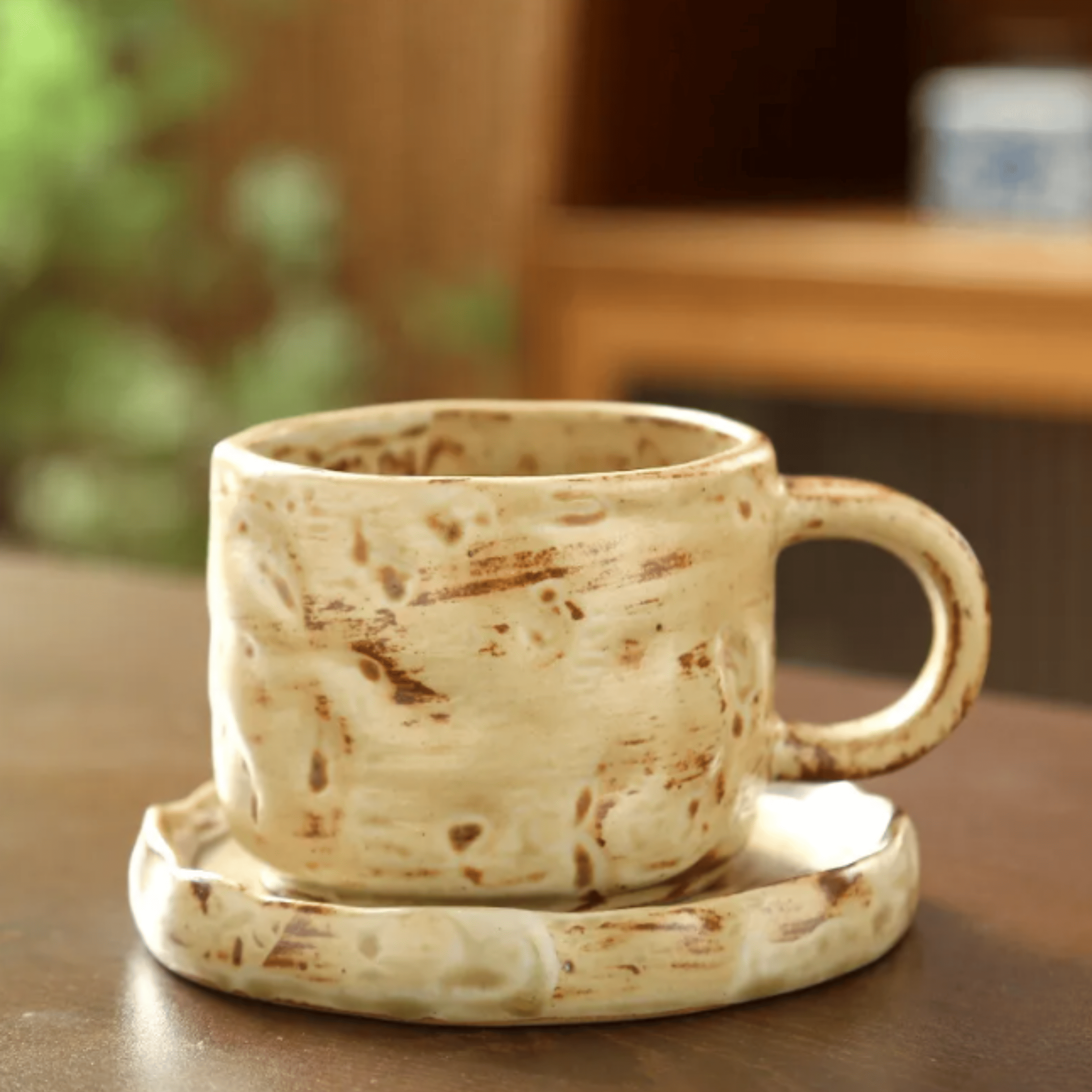 Kaffekopp med fat i keramik – Handgjord retro stengodskopp 270 ml