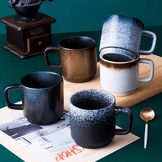 Keramiska Kaffemuggar i Vintage Stil – 300 ml, Tåligt Set i Flera Färger
