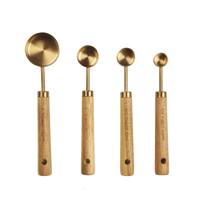 Set of 8 premium gold plated and wood measuring cups for precise cooking and baking
