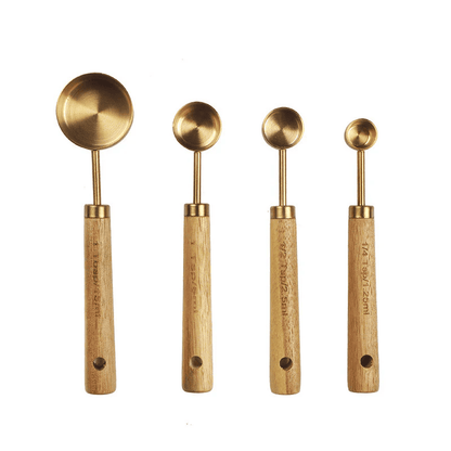 Set of 8 premium gold plated and wood measuring cups for precise cooking and baking