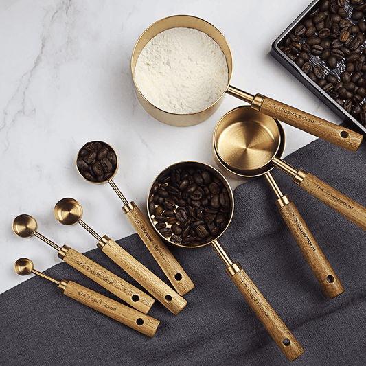 8-piece gold plated and wood measuring set for precise baking and cooking