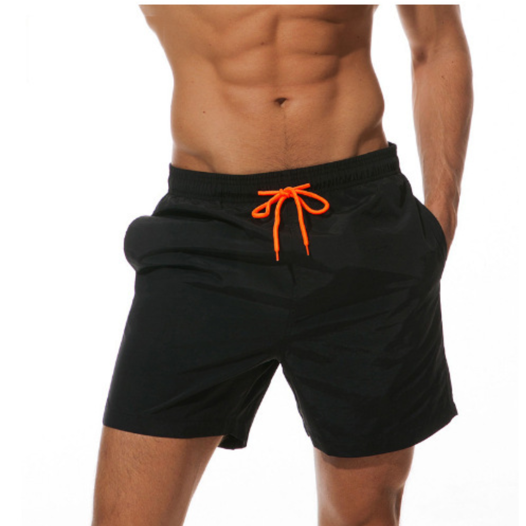 "Mäns snabbtorkande badshorts med justerbar midja, framsida, stiliga och funktionella för strand och pool."