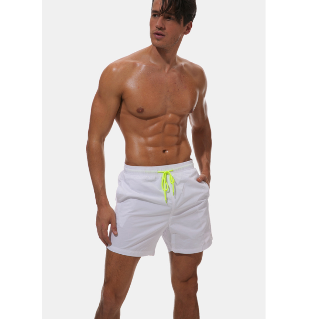"Mäns snabbtorkande badshorts med justerbar midja, framsida, stiliga och funktionella för strand och pool."
