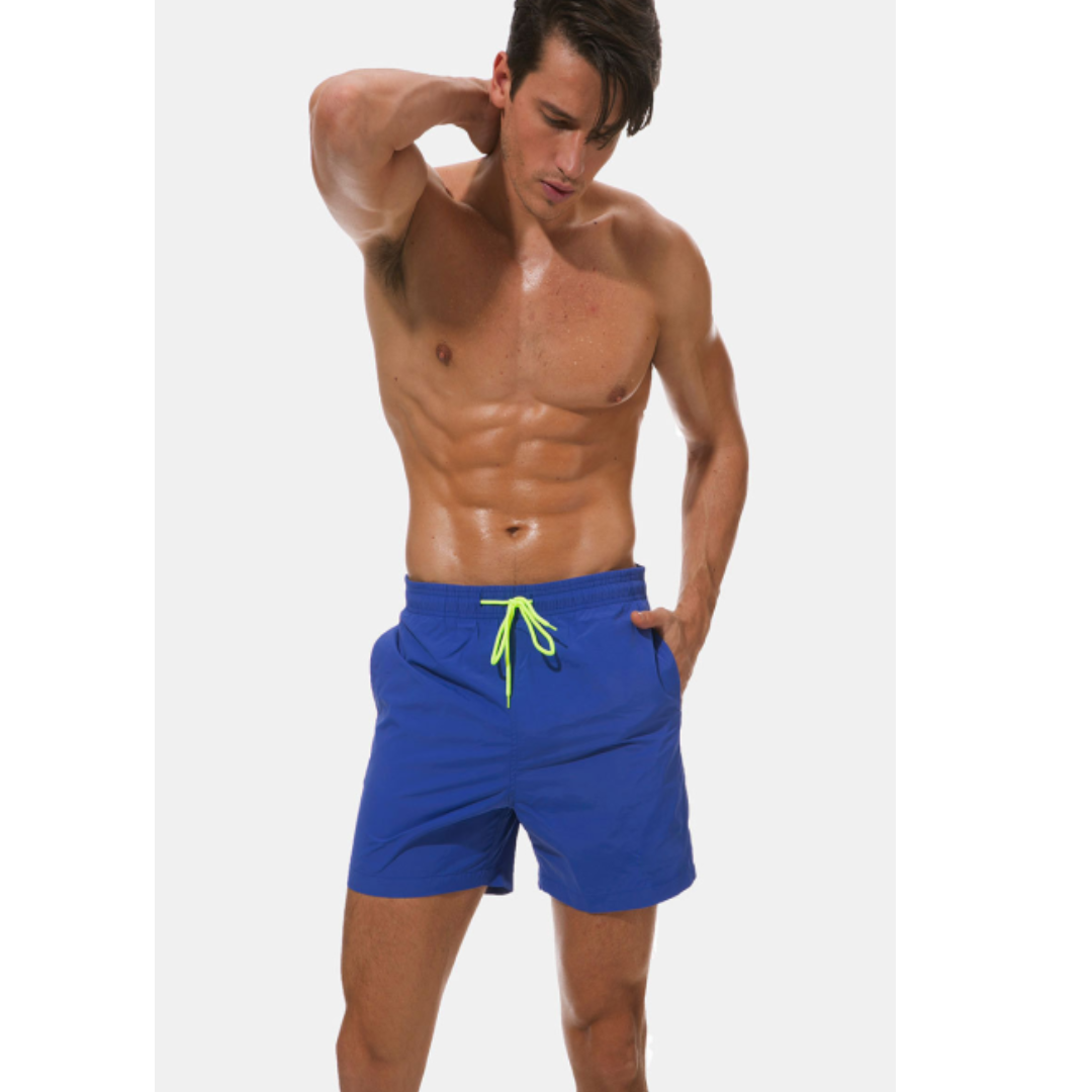 "Mäns snabbtorkande badshorts med justerbar midja, framsida, stiliga och funktionella för strand och pool."
