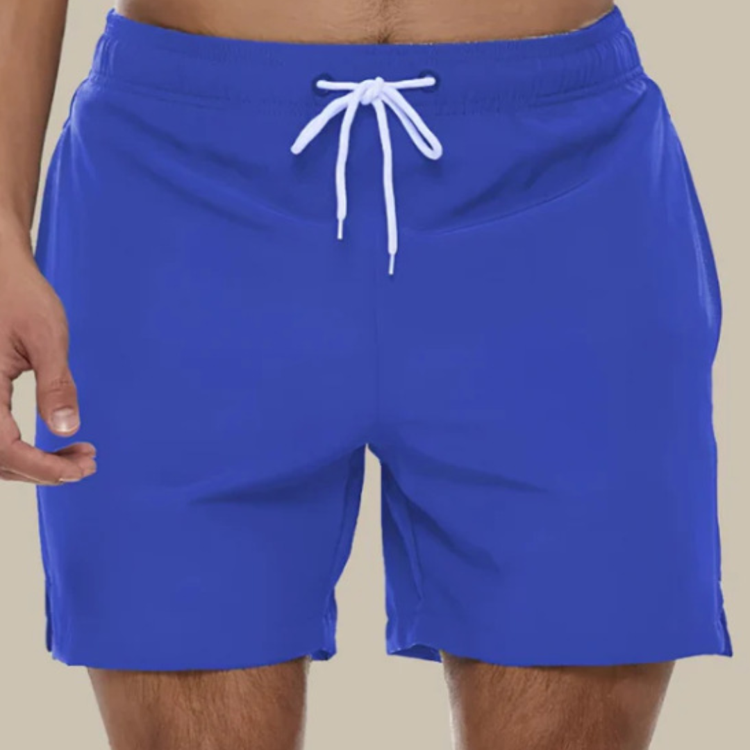 "Mäns snabbtorkande badshorts med justerbar midja, framsida, stiliga och funktionella för strand och pool."