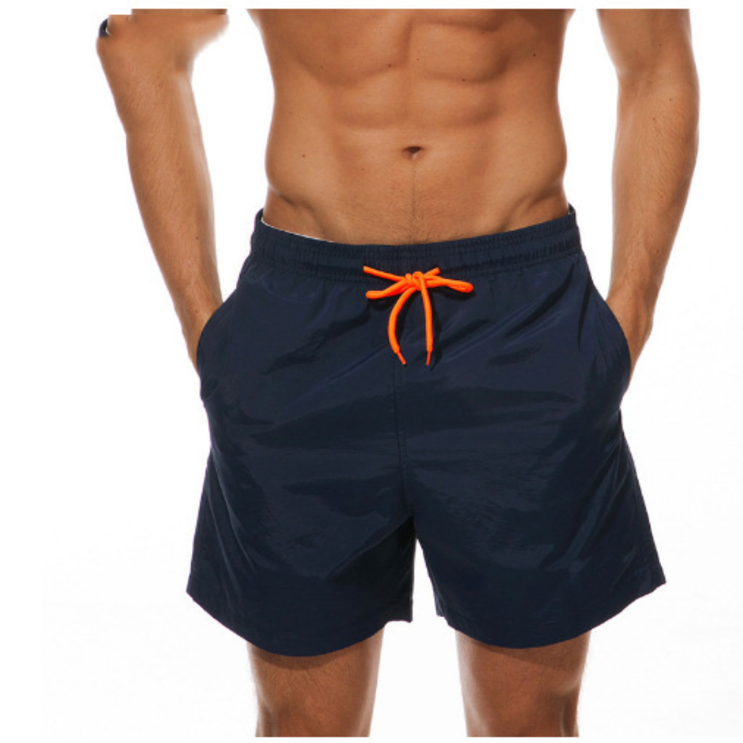 "Mäns snabbtorkande badshorts med justerbar midja, framsida, stiliga och funktionella för strand och pool."