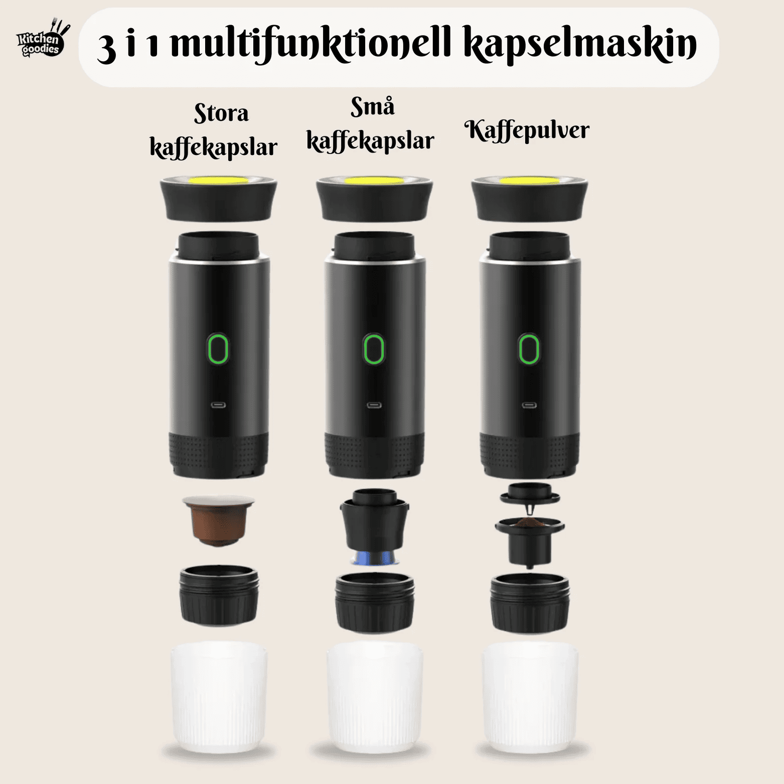 Trådlös espresso-maskin för kapslar och mält kaffe