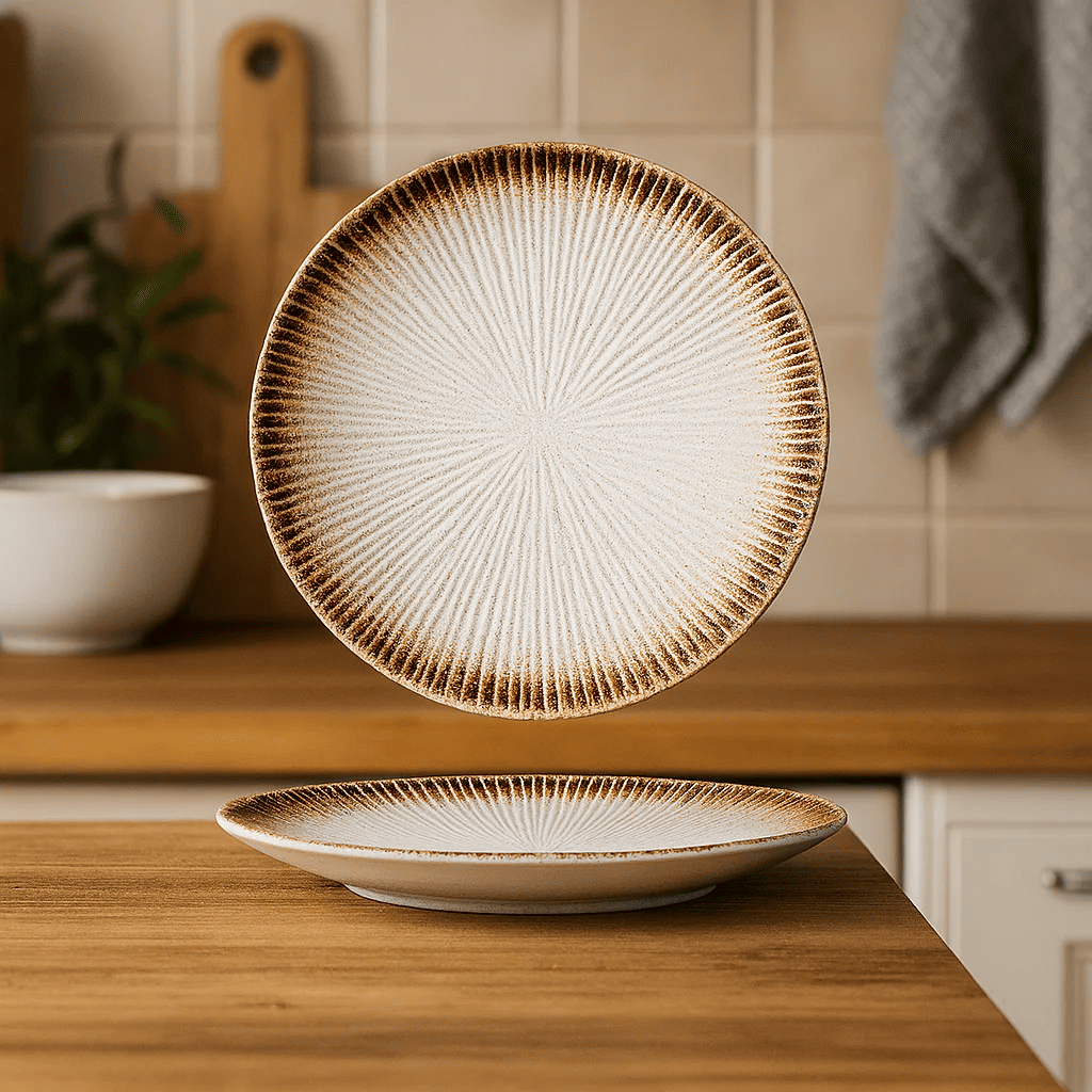 Randig porslin tallrik – 25 cm – Rund form – Färgad glasyr – Elegant dukning och servering
