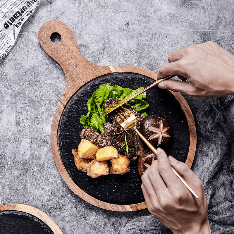 Rustik Serveringsbricka i Trä och Skiffer – Rund Bricka med Handtag för Ost, Tapas & Charkuterier