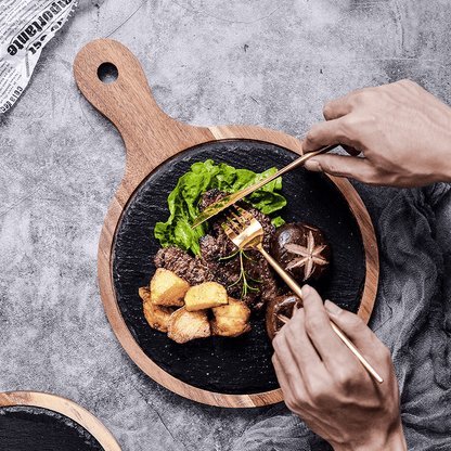 Rustik Serveringsbricka i Trä och Skiffer – Rund Bricka med Handtag för Ost, Tapas & Charkuterier