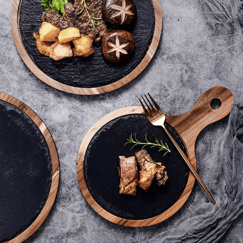 Rustik Serveringsbricka i Trä och Skiffer – Rund Bricka med Handtag för Ost, Tapas & Charkuterier