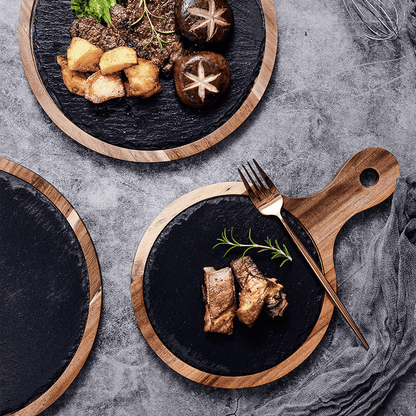 Rustik Serveringsbricka i Trä och Skiffer – Rund Bricka med Handtag för Ost, Tapas & Charkuterier