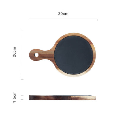 Rustik wooden serving board with slate surface and handle, perfect for serving tapas and appetizers.