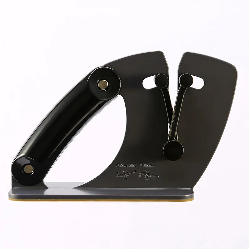 Schwarzer Messerschärfer aus Edelstahl, ergonomisch, für Küchenmesser, rutschfeste Basis.