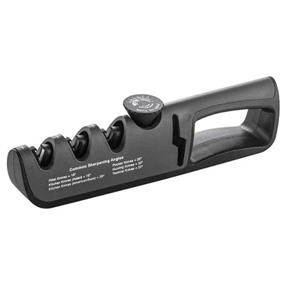 Schwarzer Messerschärfer mit drei Schleifstufen, ergonomisch, für Küchen- und Taschenmesser.