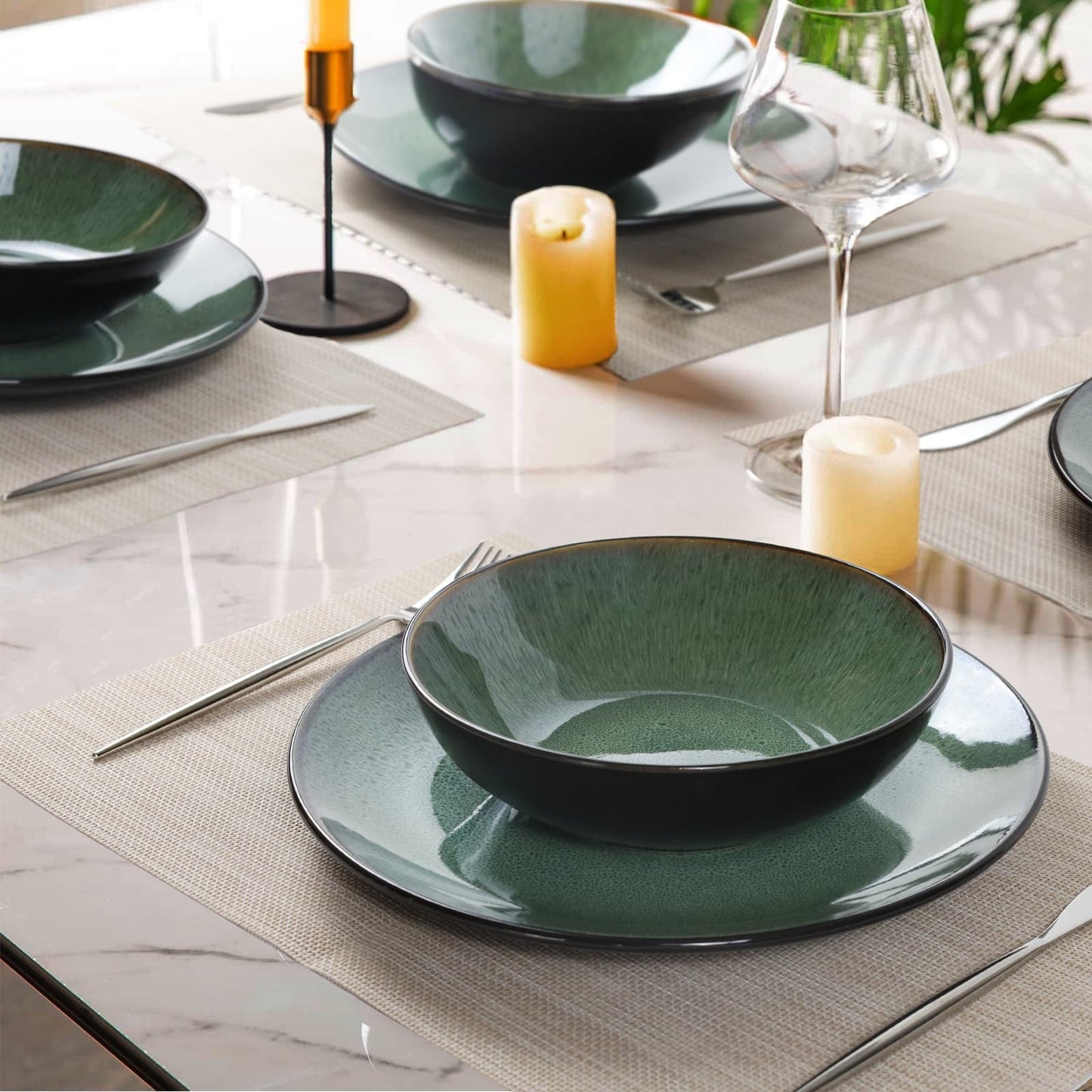 Set of 6 ceramic dinner plates, green deep reactive plates, 26 cm in diameter for serving