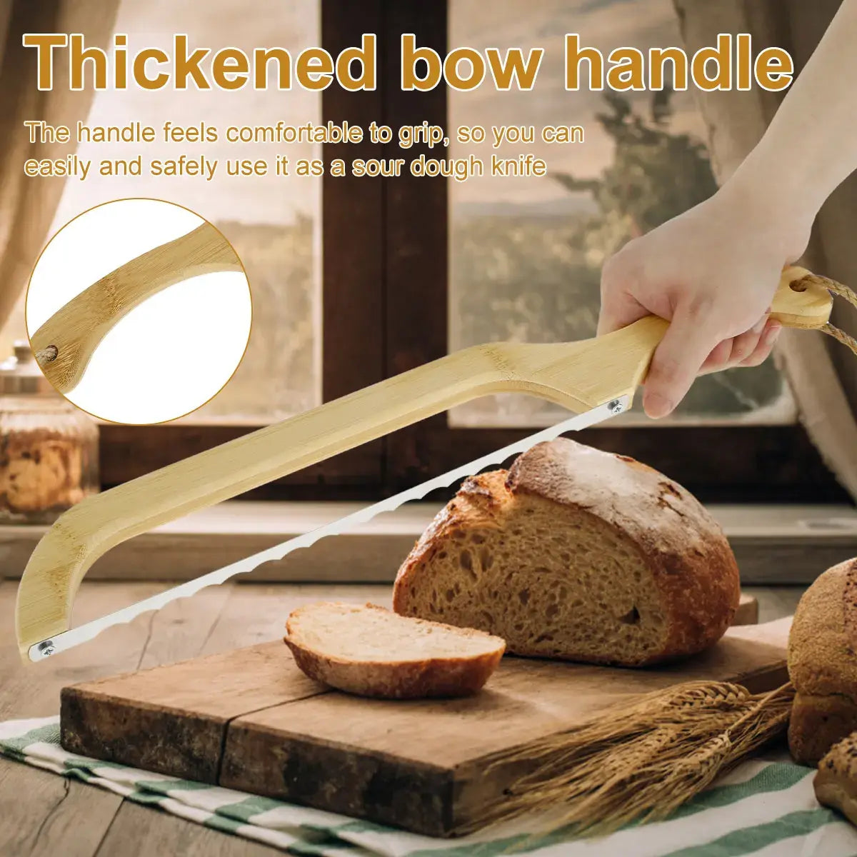 Brotmesser mit dickem Holzgriff, ideal zum Schneiden von Sauerteigbrot, langlebig und ergonomisch.