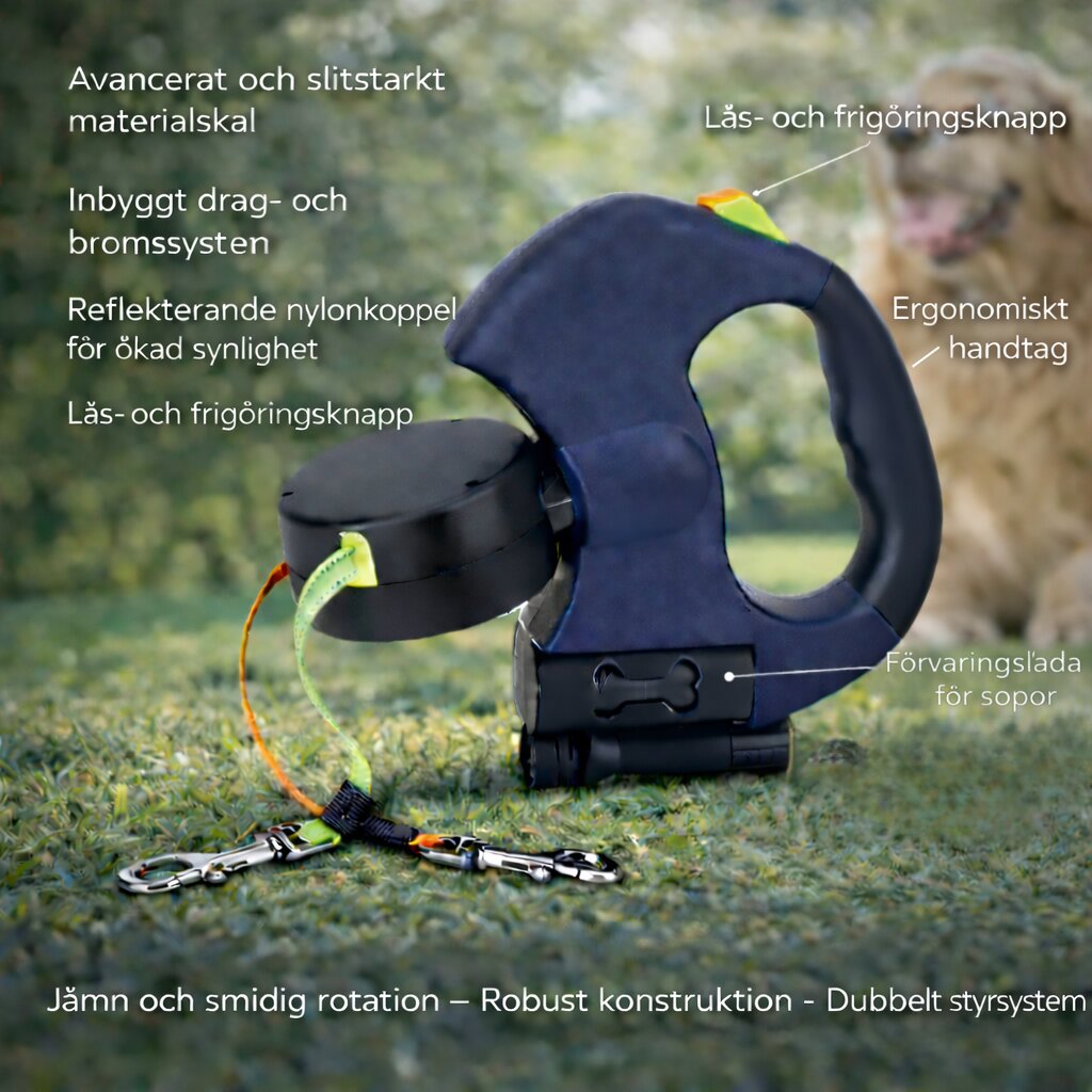 Dubbelkoppel för hund | Utdragbart hundkoppel med LED-lampa | Norrkoppel