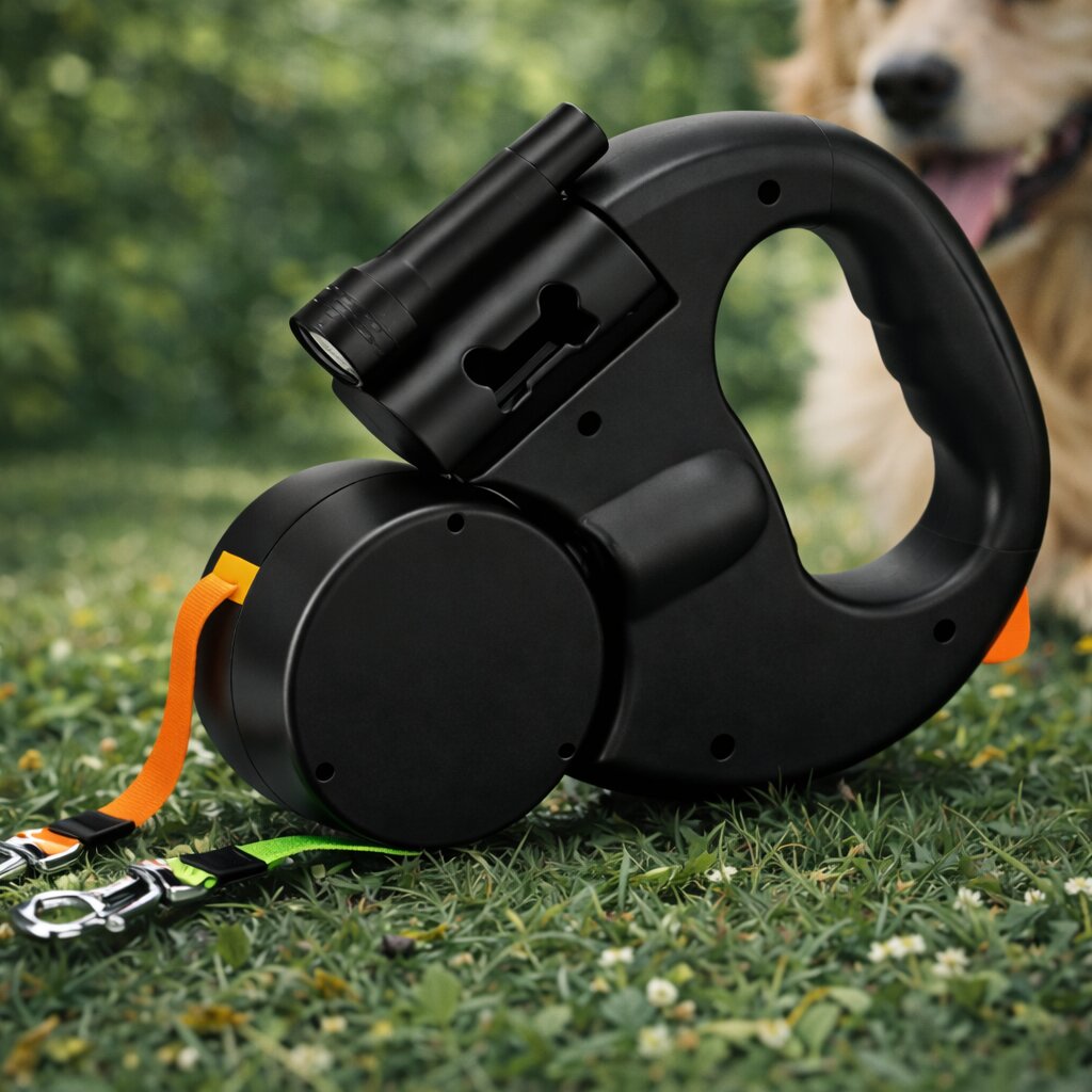 Dubbelkoppel för hund | Utdragbart hundkoppel med LED-lampa | Norrkoppel