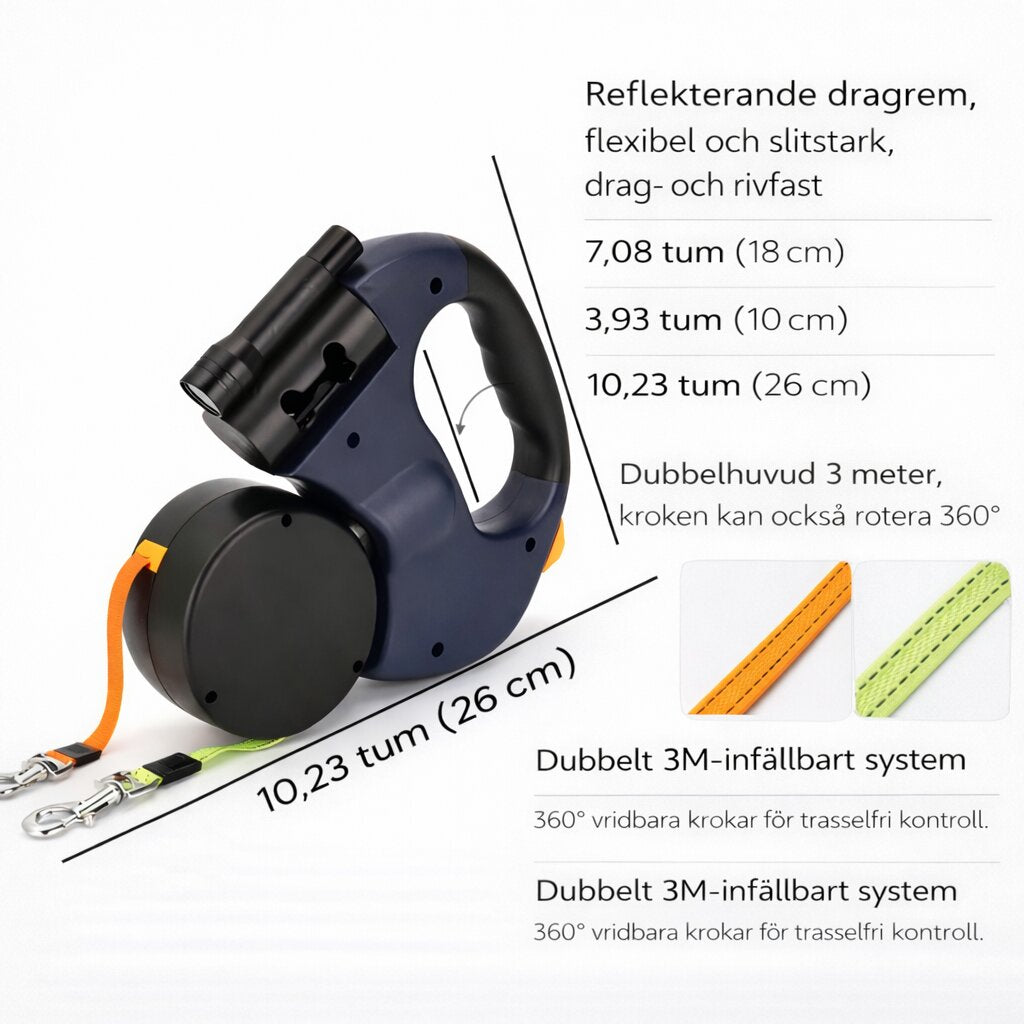 Dubbelkoppel för hund | Utdragbart hundkoppel med LED-lampa | Norrkoppel