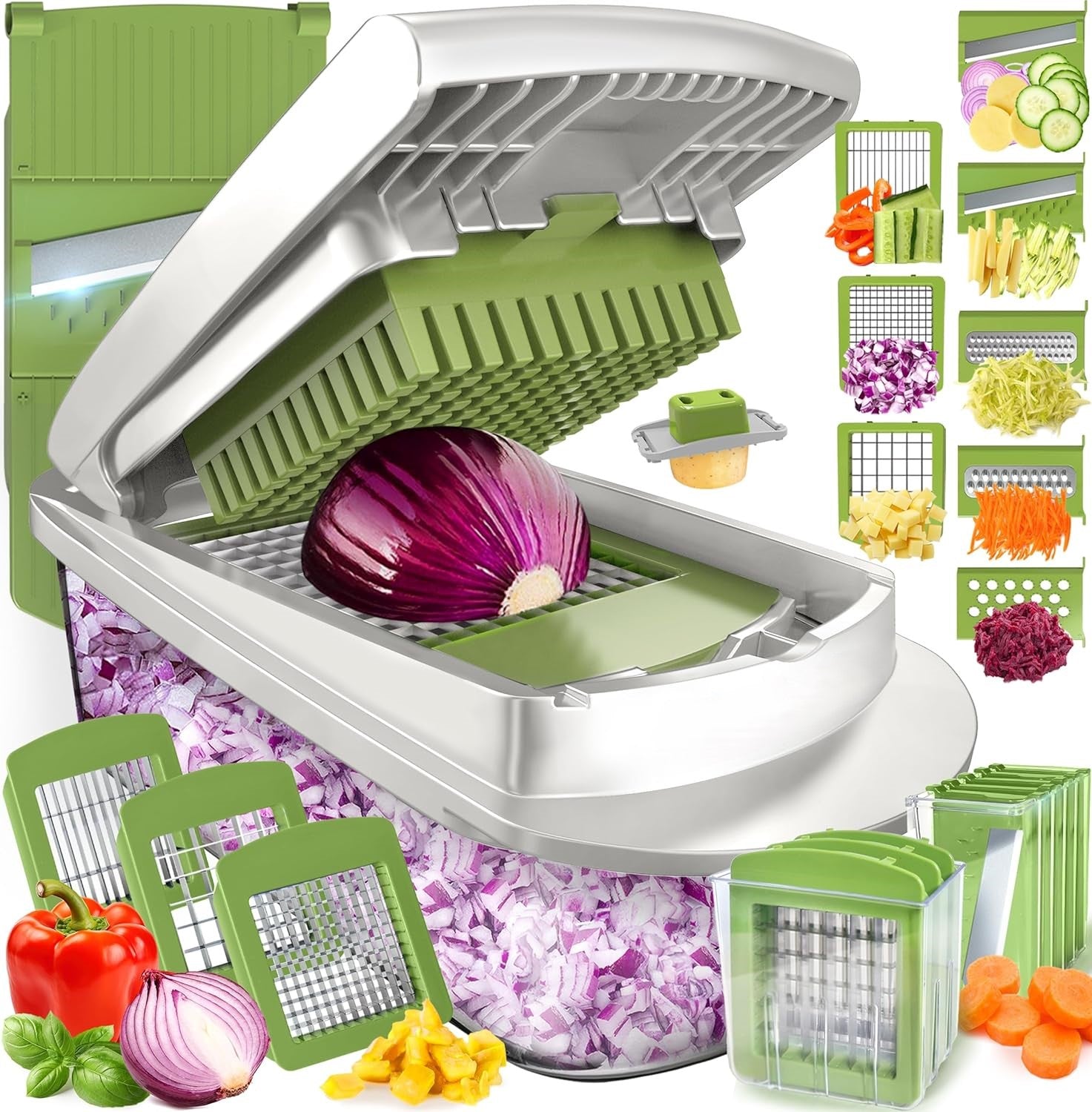 Gemüseschneider mit Edelstahlklingen, grün, Zwiebelwürfler, multifunktional, Küchenhelfer.