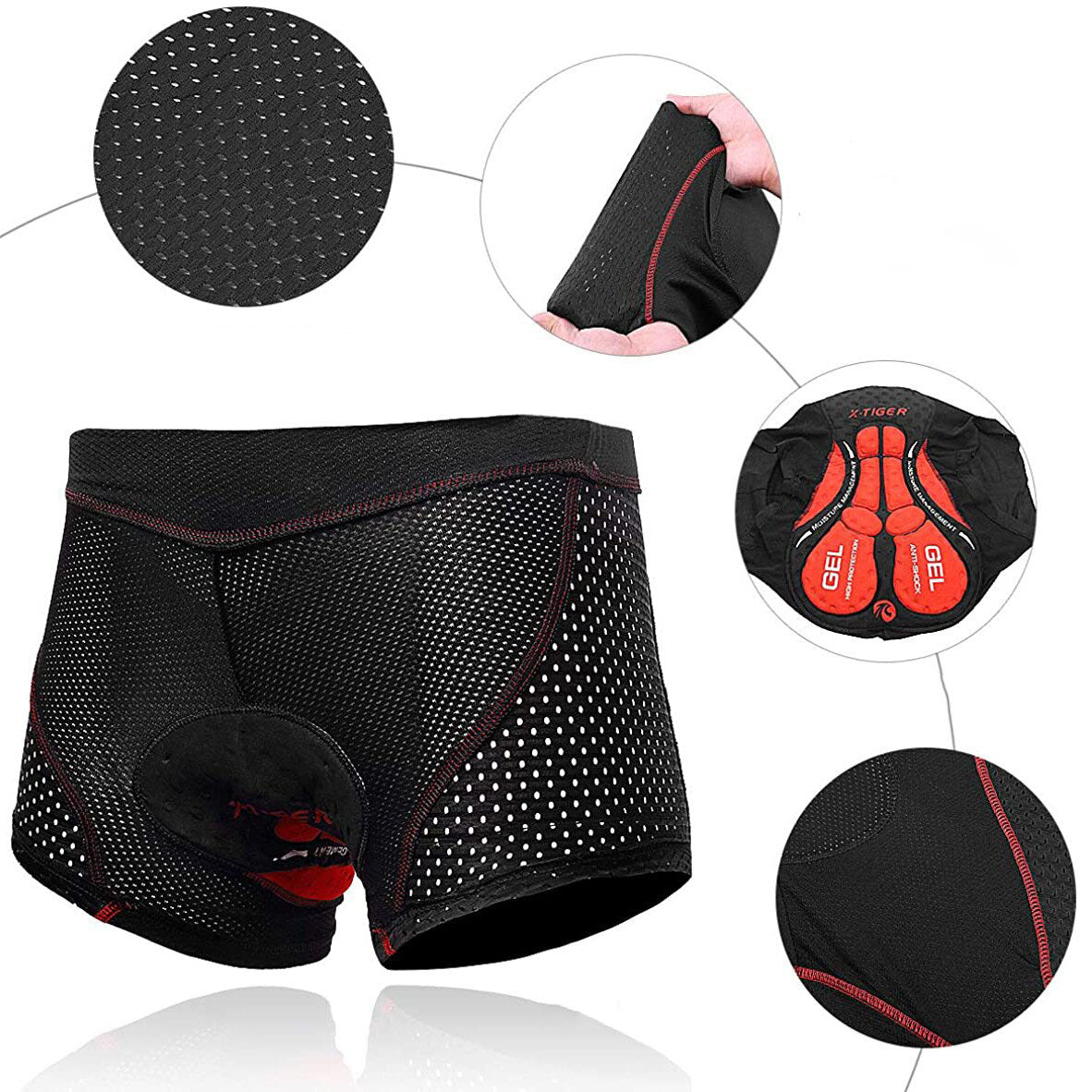 Närbild på 5D gelvadderingen i herr cykelshorts, detaljerar material och tjocklek för bästa komfort.