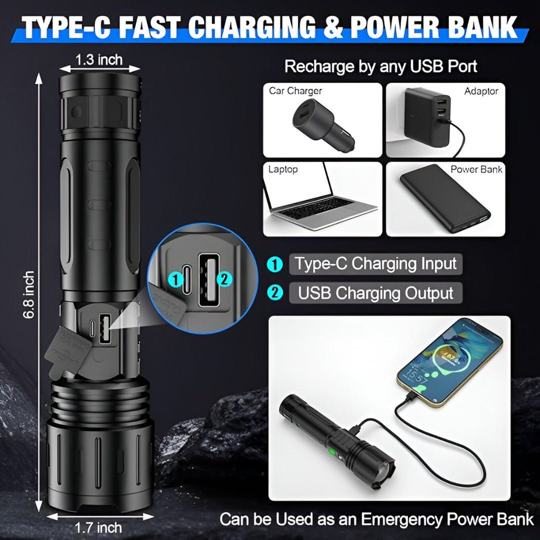 LumaBeam – 100 000 Lumen Uppladdningsbar LED-ficklampa med Power Bank