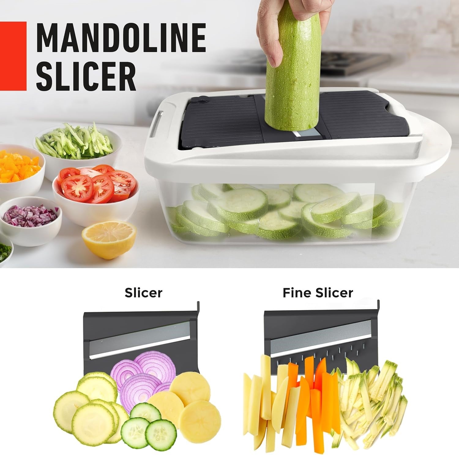 Mandoline Gemüseschneider, weiß, mit Behälter, ideal für präzises Schneiden von Gemüse.