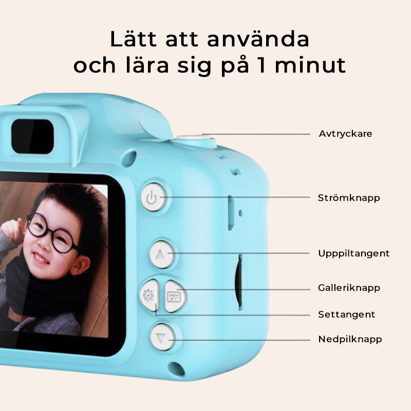 Barnkamera mini HD med ljusa färger och roliga effekter, perfekt för kreativa foton.