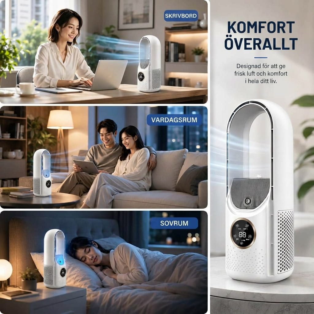 Fläkt | Bladlös ståfläkt | Tyst bordsfläkt för hem och kontor | Svalö
