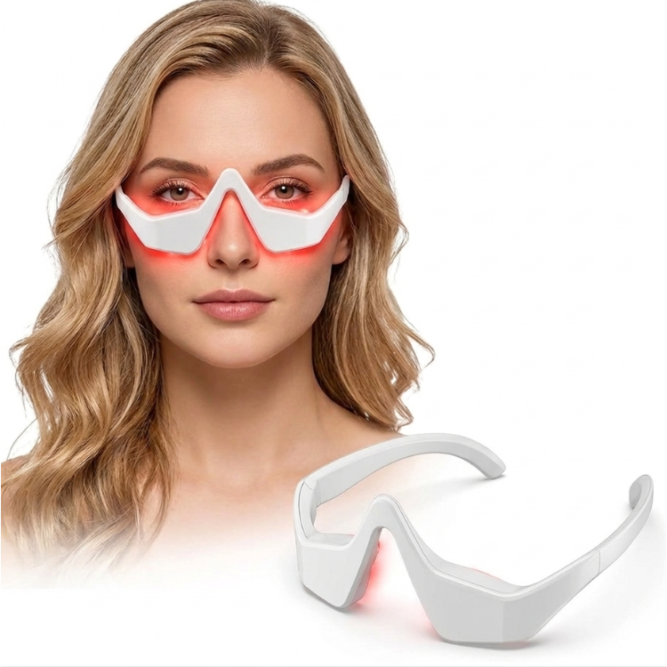 Kvinna bär InfraRelief™ Ögonmassager med rött LED-ljus aktiverat runt ögonen, produktbild med enheten visad separat nedan
