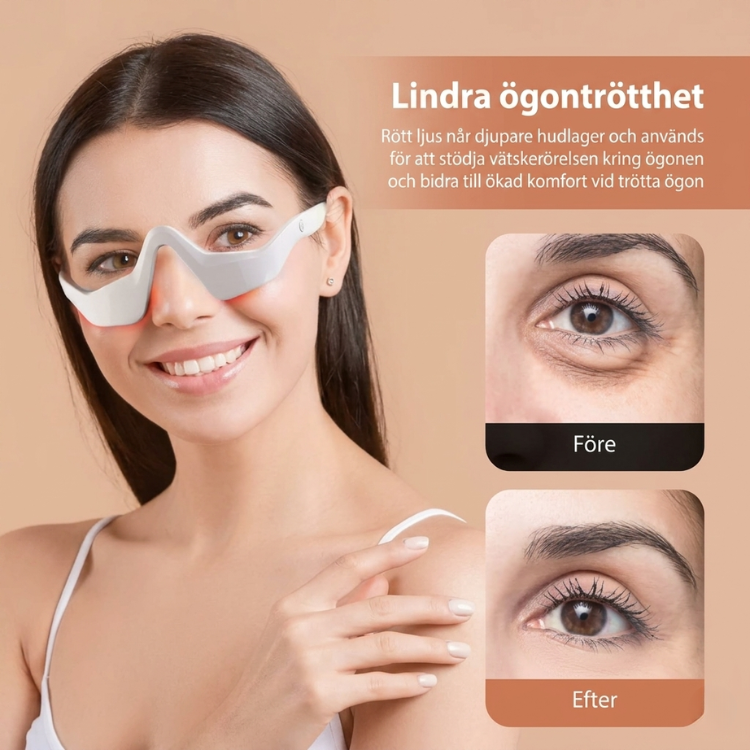 InfraRelief™ Ögonmassager med rödljus aktiverat – före och efter bild av ögonområdet, kvinna bär enheten mot beige bakgrund